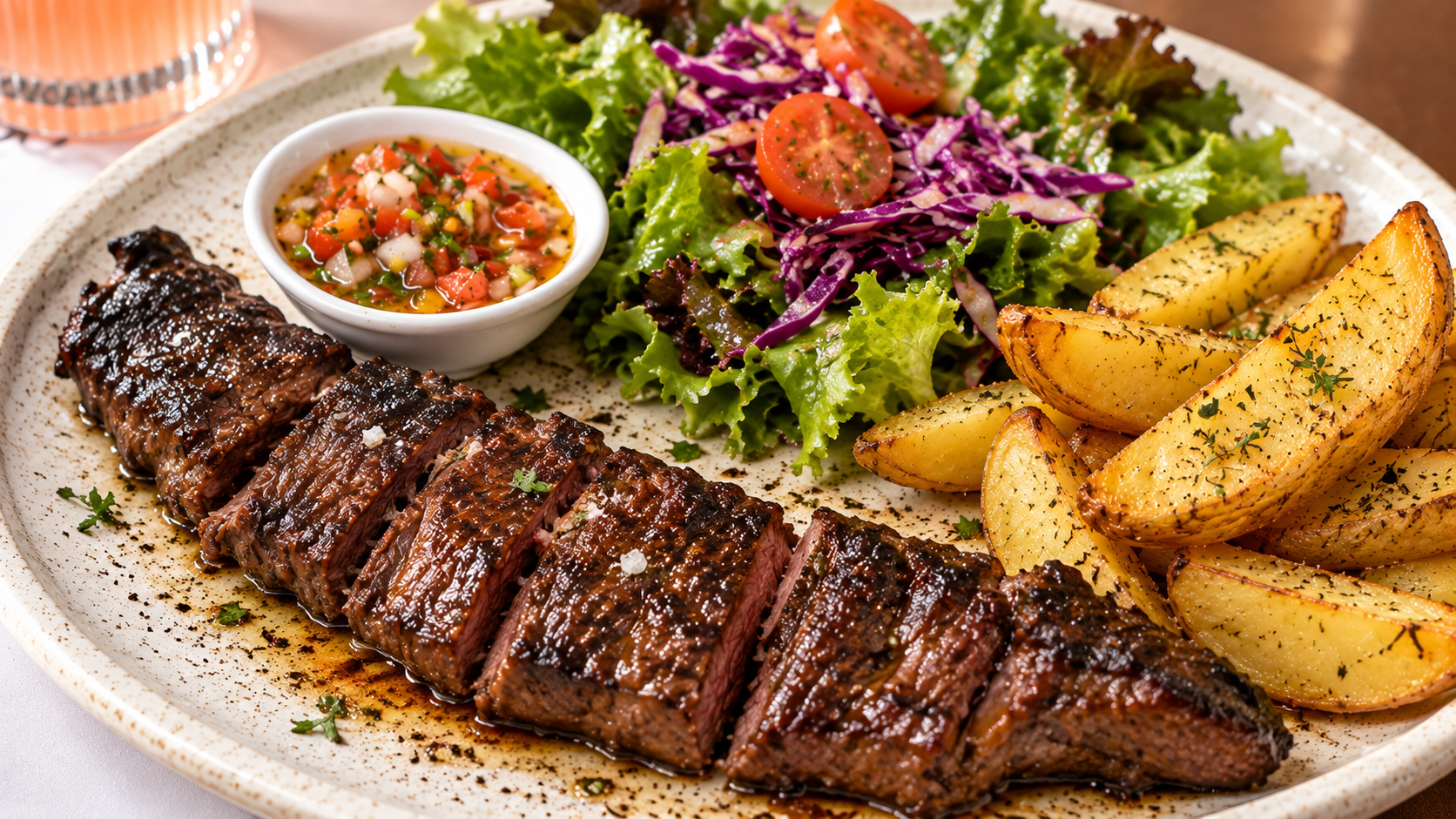 Bistec a la parrilla con papas y ensalada