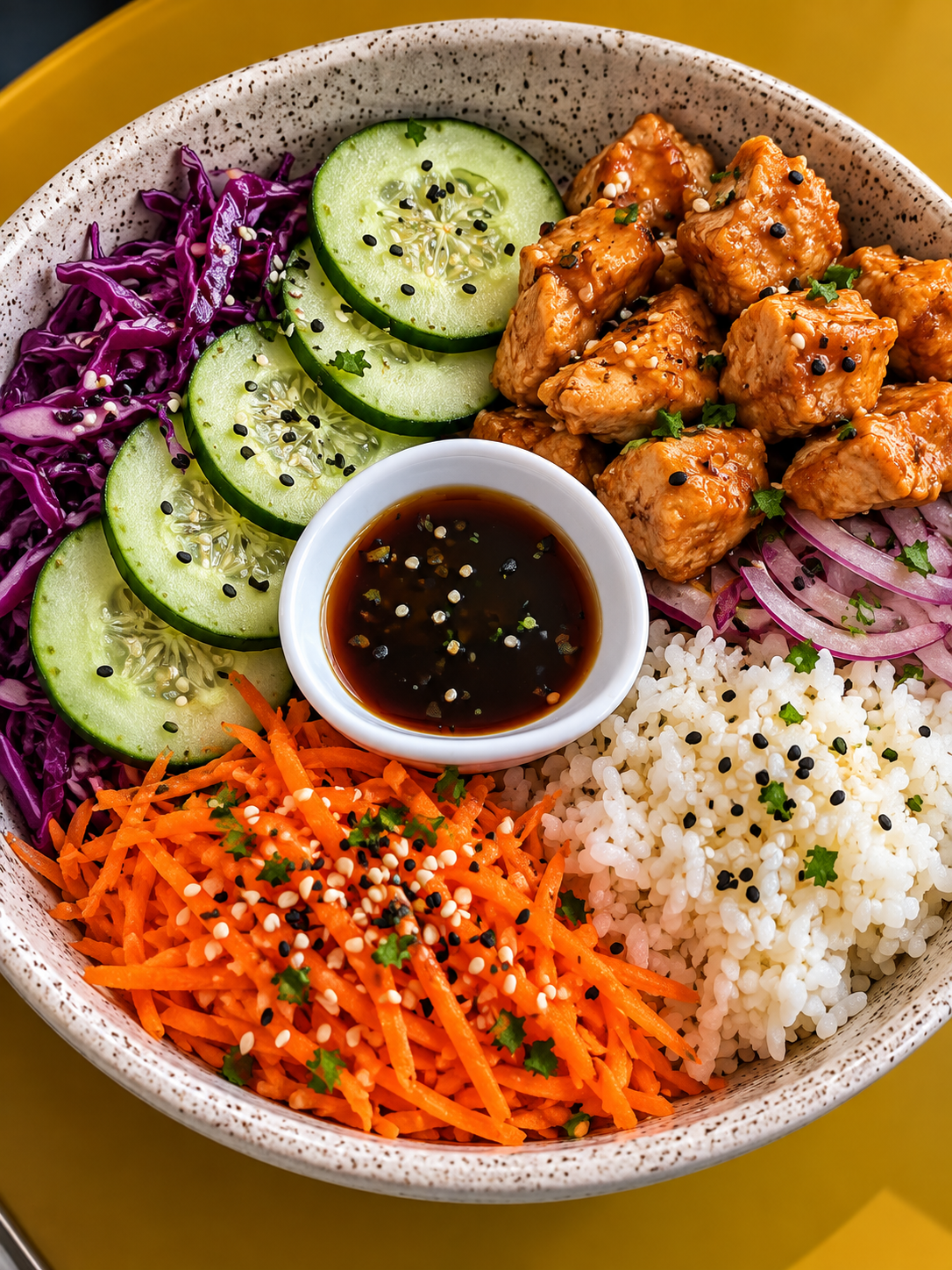 Bowl de arroz con pollo y vegetales frescos