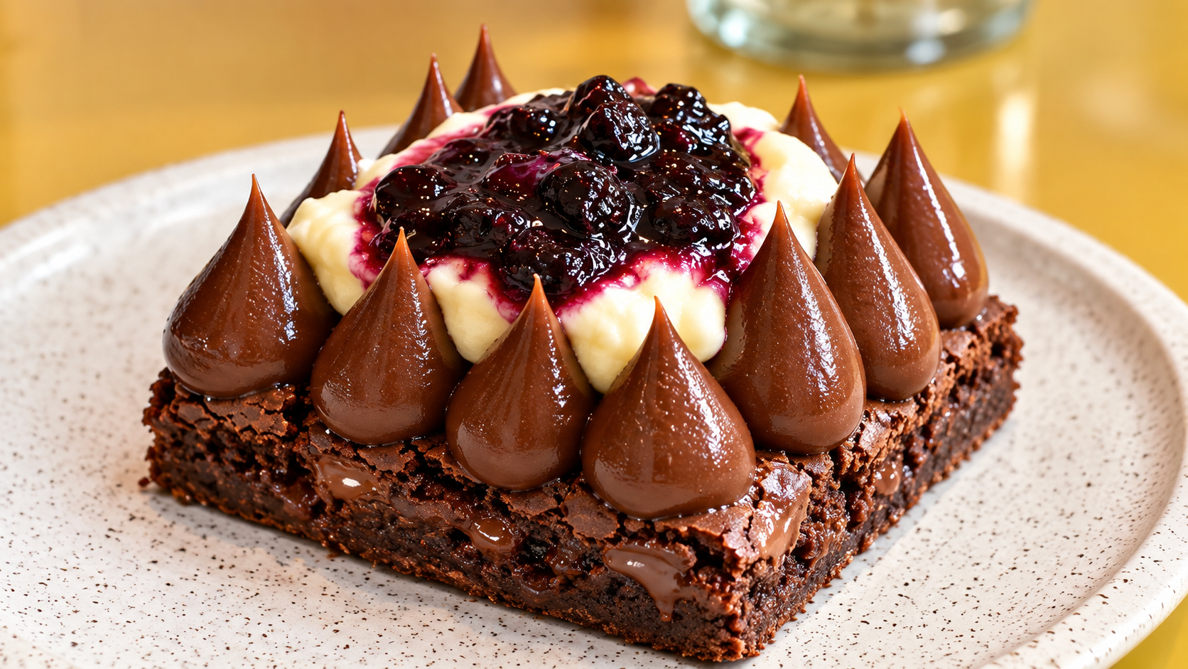 Brownie de chocolate con crema y frutos rojos