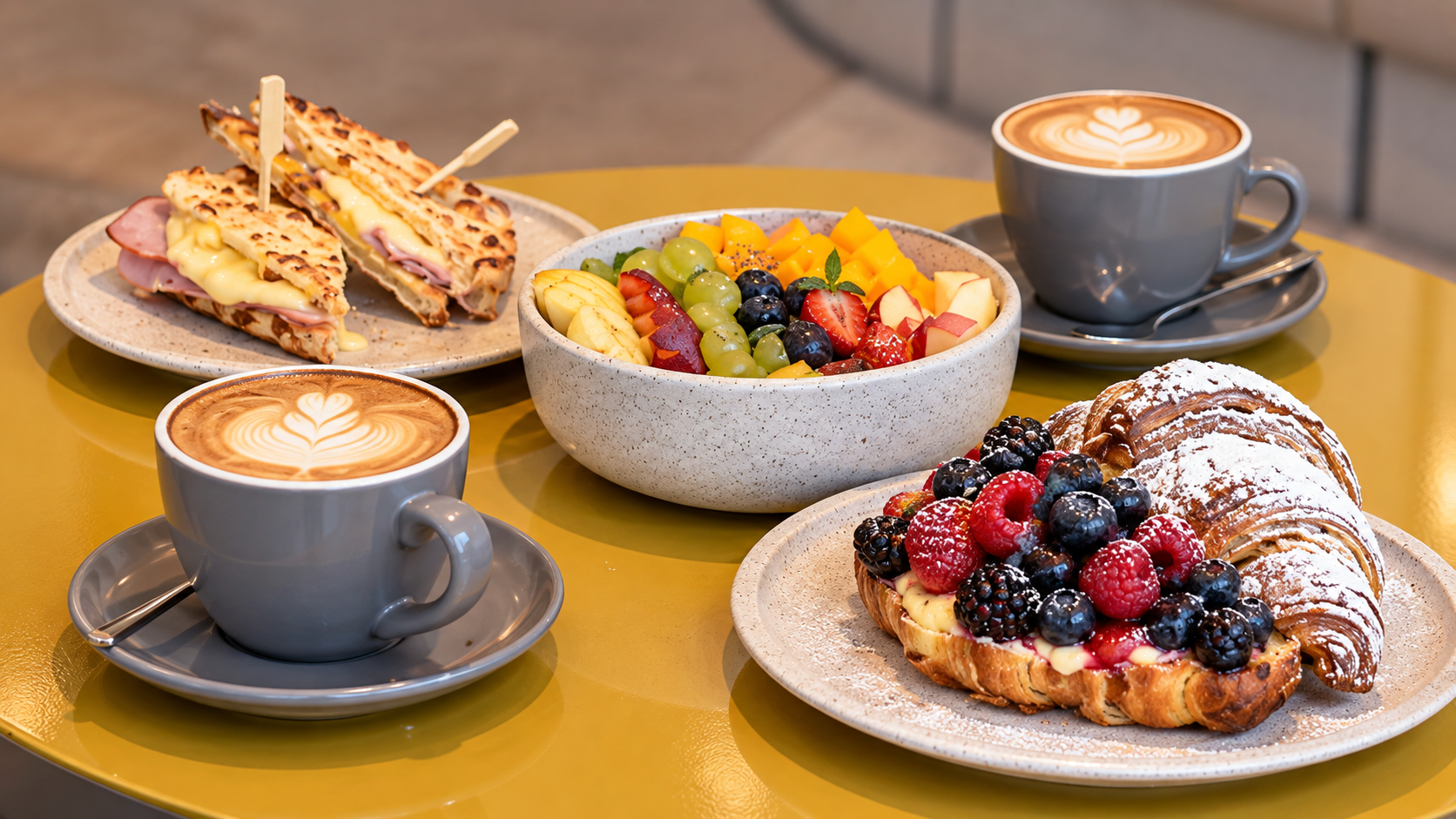 Desayuno buffet con café, frutas, sándwiches y croissant