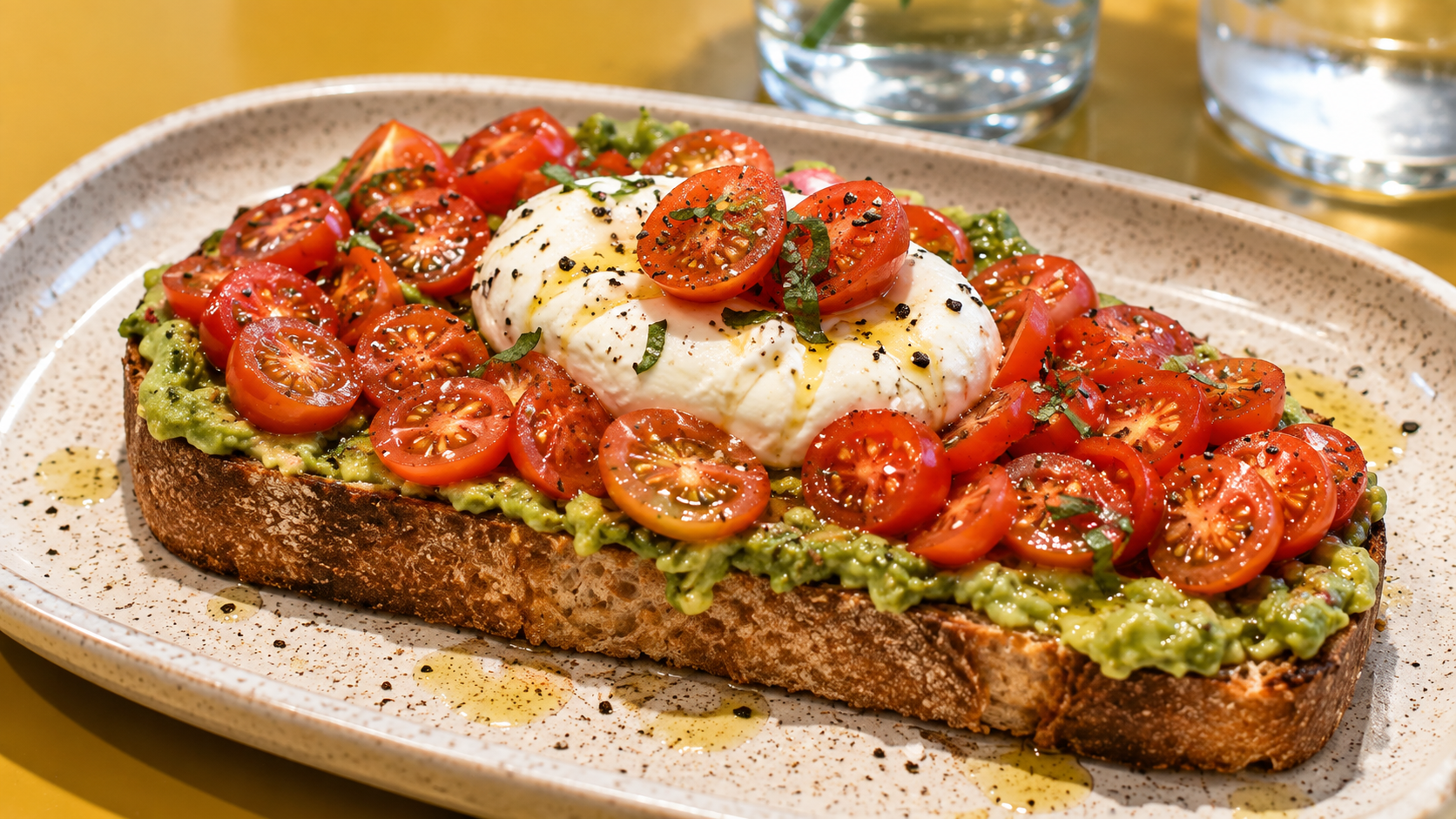 Bruschetta de aguacate, burrata y tomates frescos
