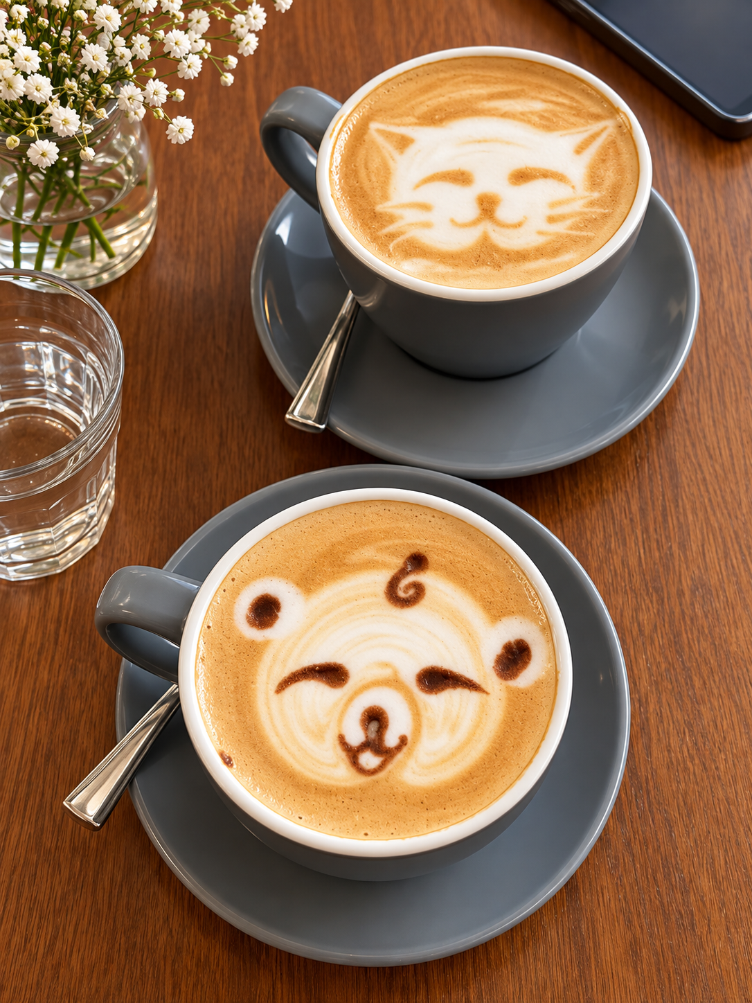 Dos cafés con diseños de animales en latte art