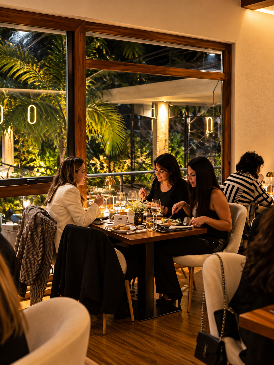 Amigas cenando junto a los ventanales de Franca