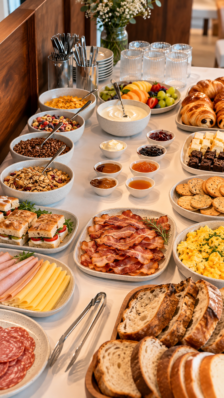 Buffet de brunch con opciones dulces, frutas y platos salados