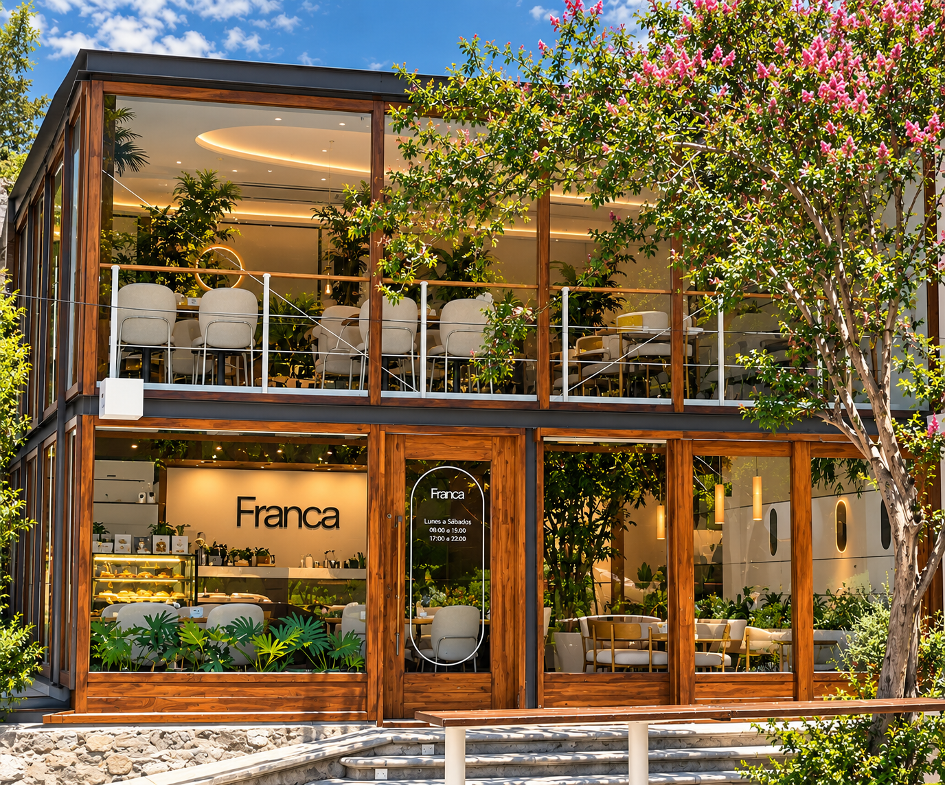 Fachada de Franca entre árboles y ventanales