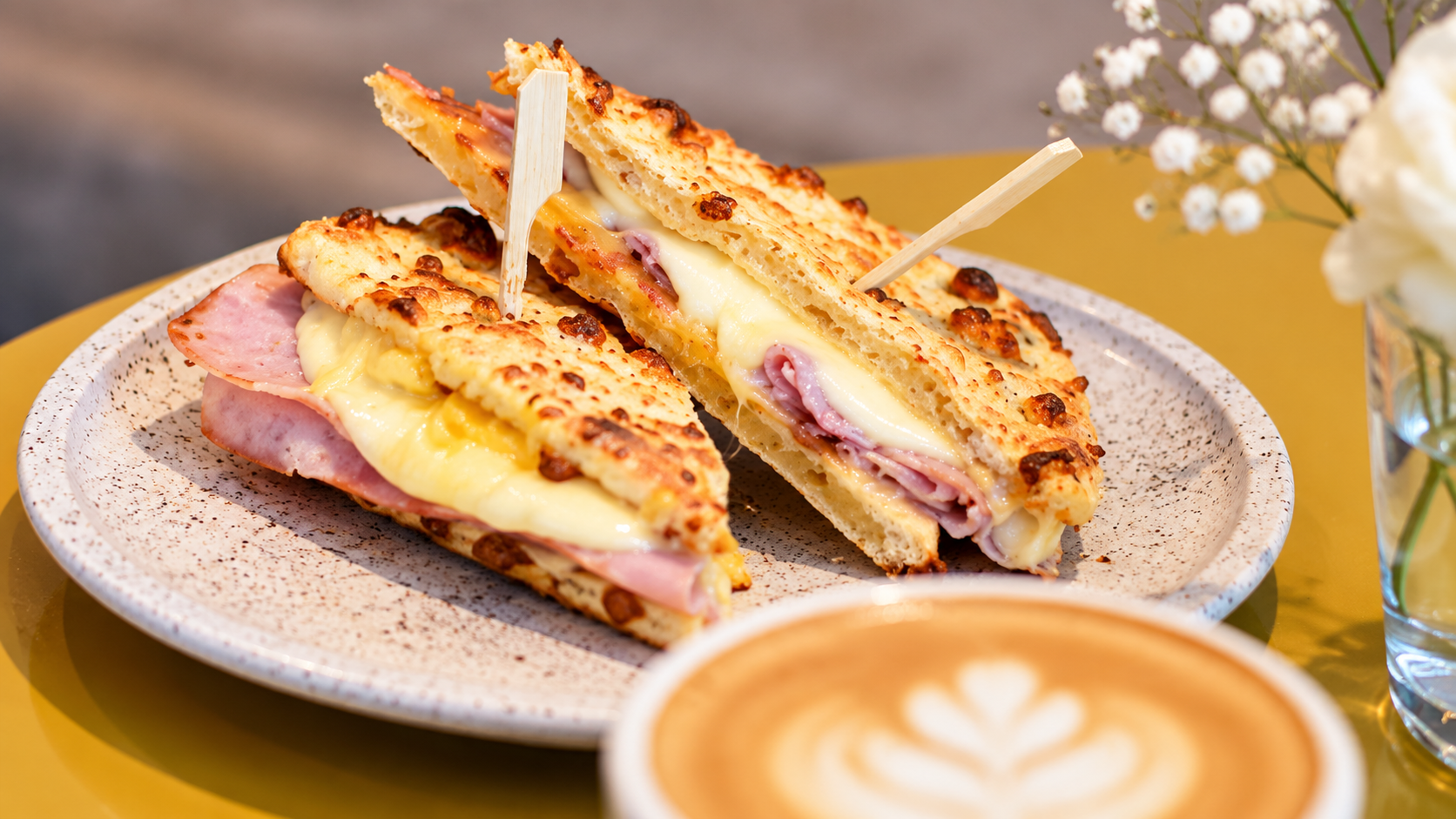 Sándwich gratinado acompañado de un latte